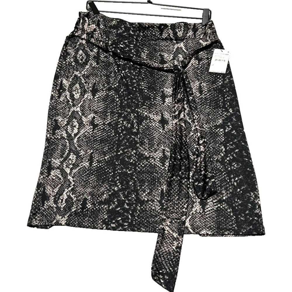 Halogen Women's LP Black Snake Print Knee Length Faux Wrap Skirt Belted NWT